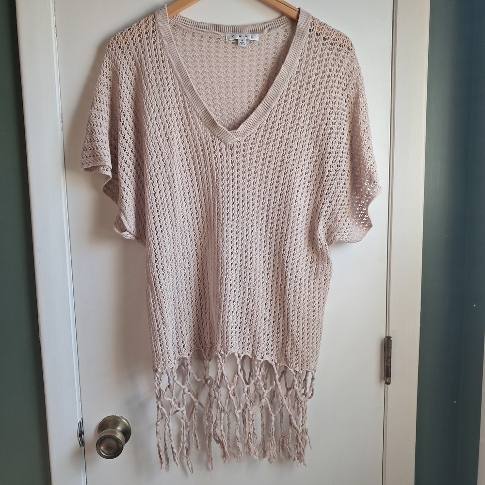 CAbi Light Beige Knit Fringe Top Small